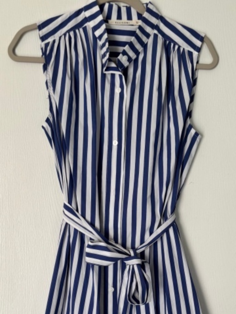 Ellison Blue & White Vertical Stripe Shirt Waist Dress  Striped Belt Bow S NWOT
